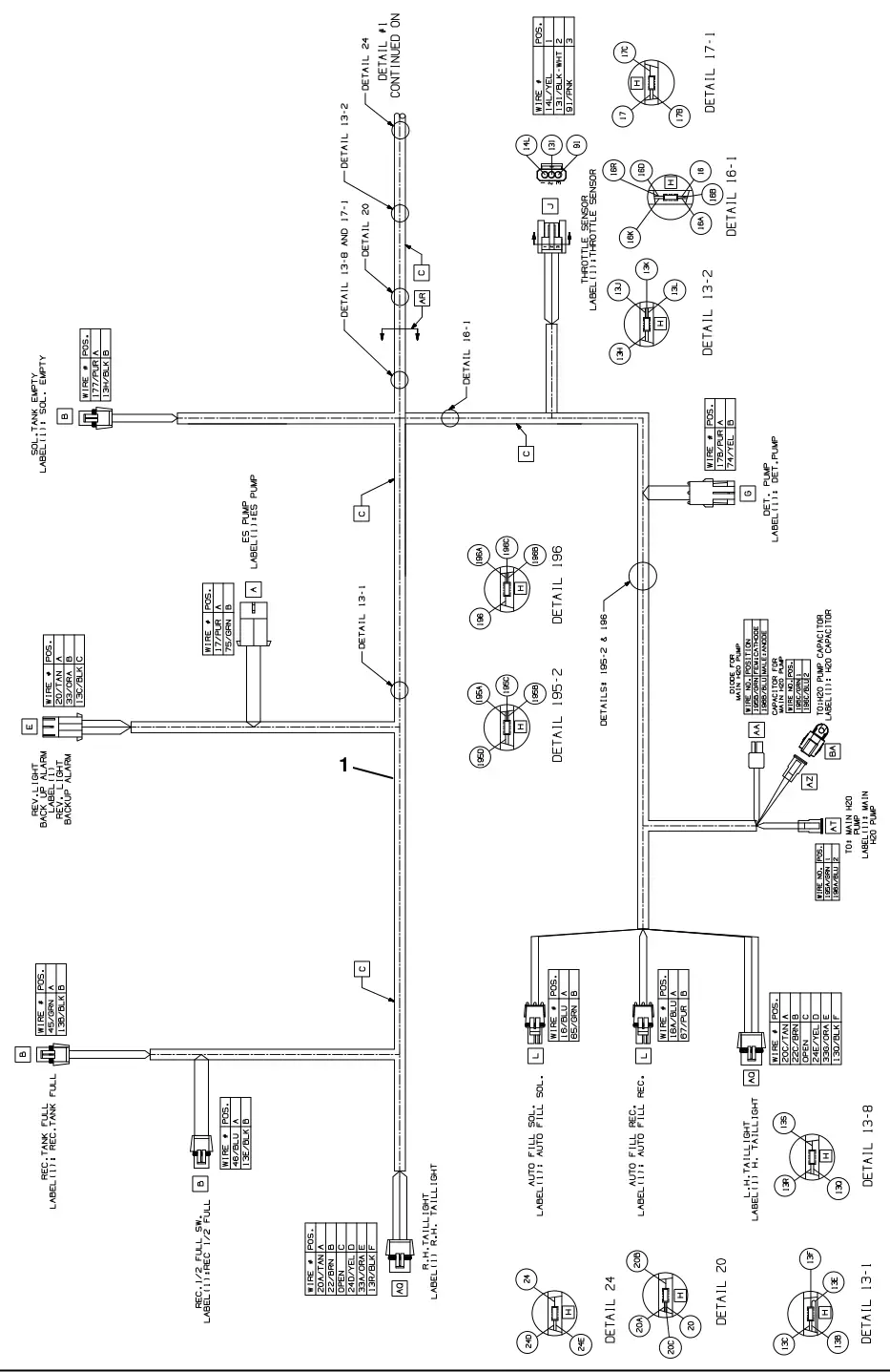Tennant T20 Diesel electrical wire harness group, main (s/n 013001 -), drawing 1, manual page 150