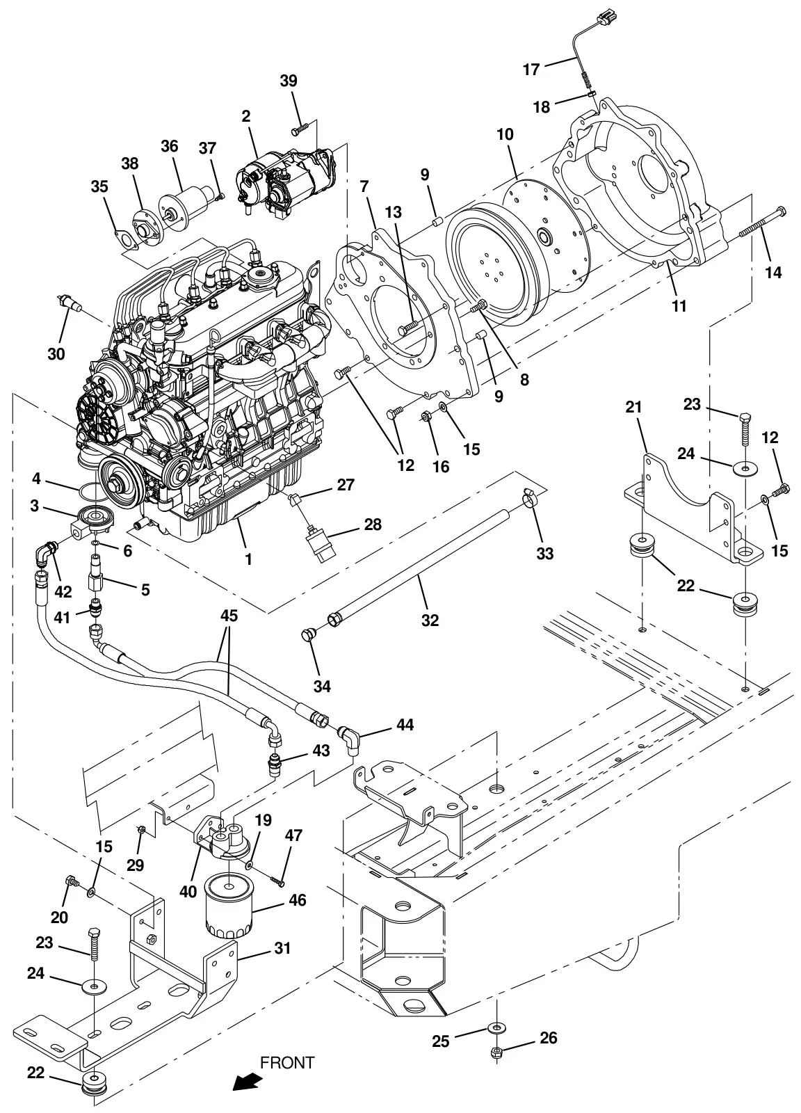 Tennant T20 Diesel engine and mount group drawing, manual page 29