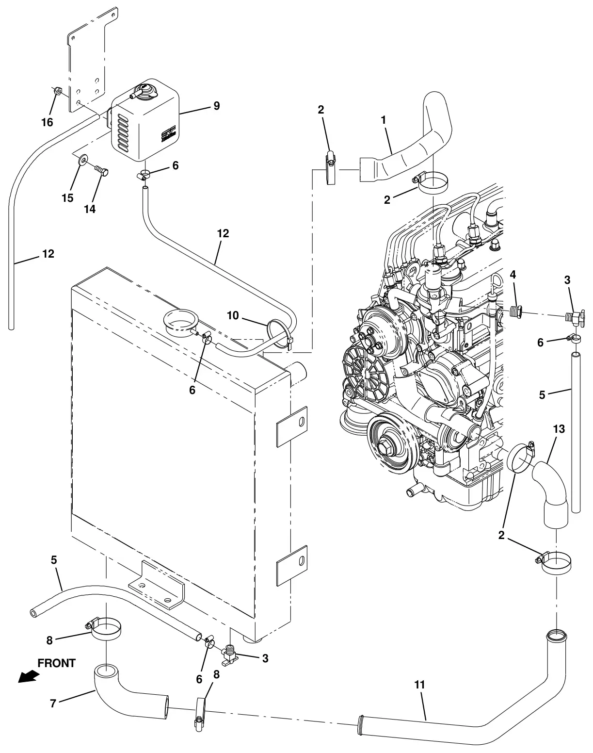 Tennant T20 Diesel engine radiator hose group drawing, manual page 43