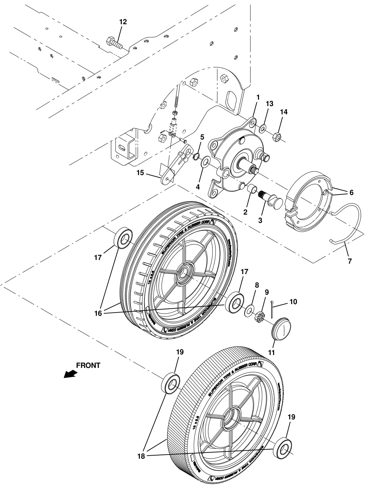 Tennant T20 Diesel wheel group, rear drawing, manual page 49