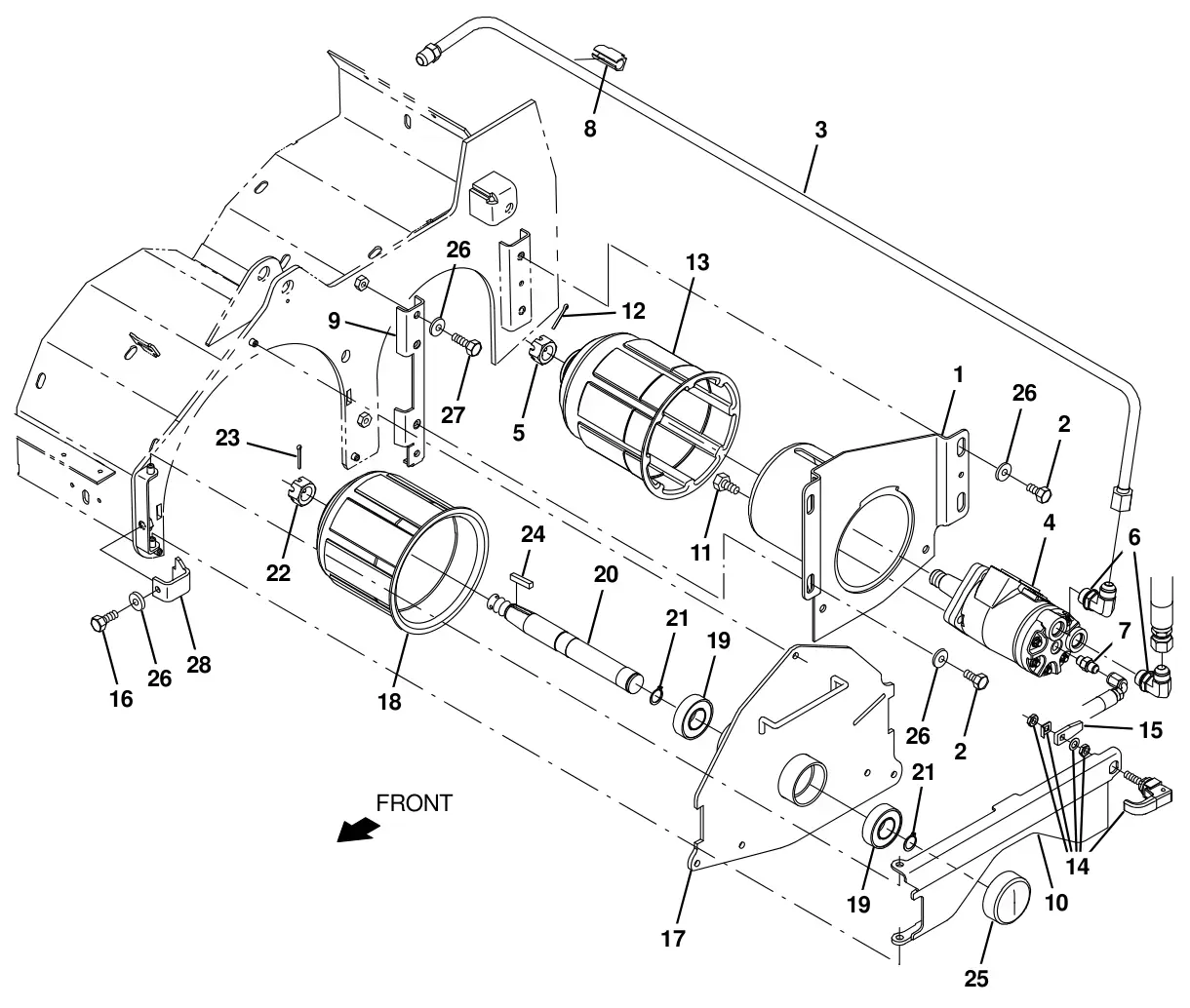 Tennant T20 Diesel cylindrical scrub brush drive group, left side drawing, manual page 57