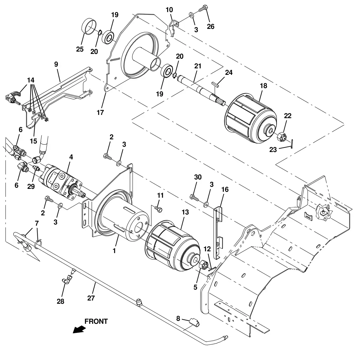 Tennant T20 Diesel cylindrical scrub brush drive group, right side drawing, manual page 59