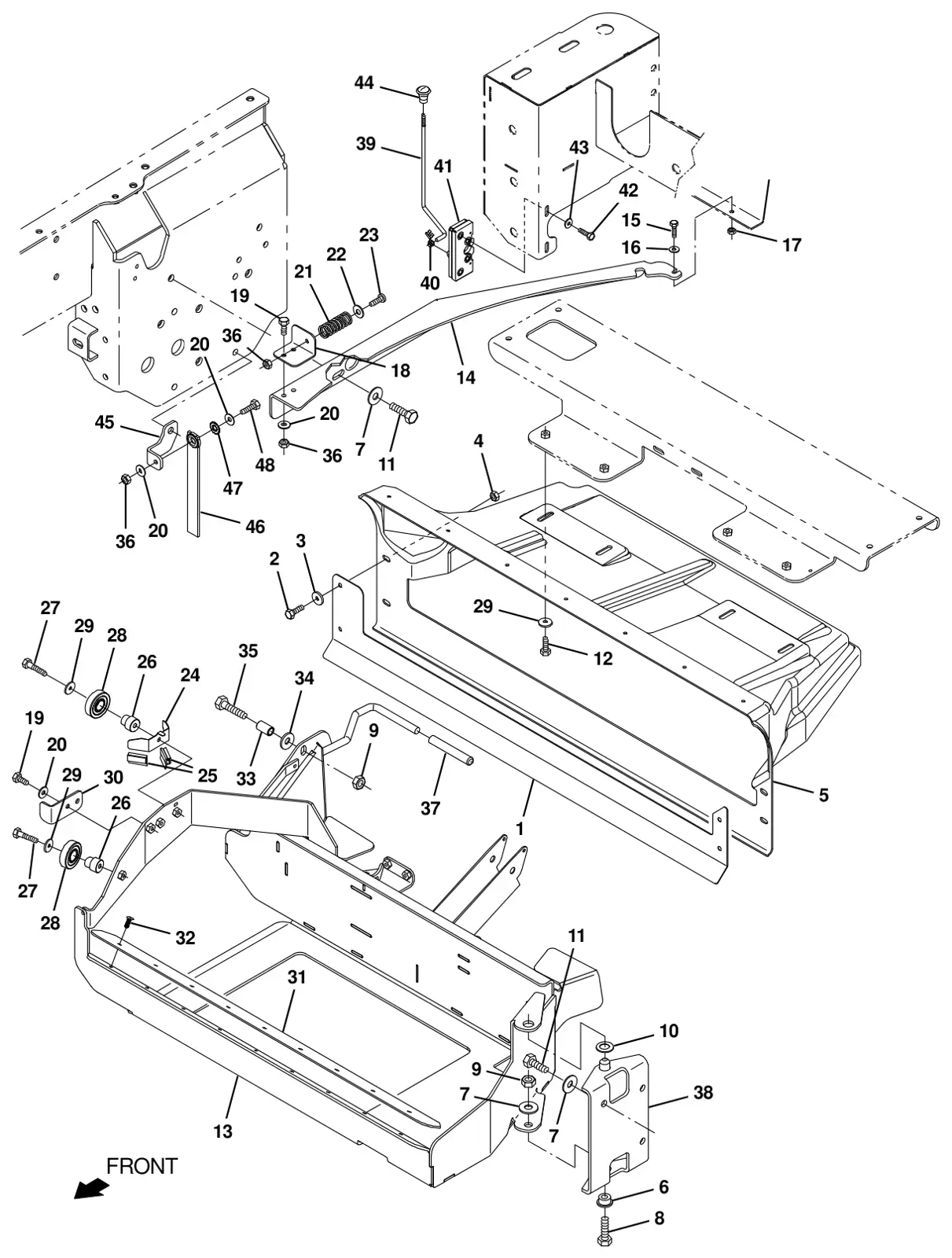 Tennant T20 Diesel cylindrical scrub head debris tray mount group drawing, manual page 73