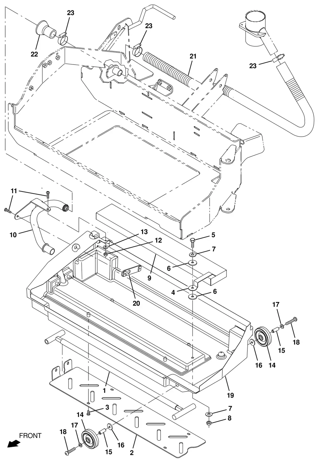 Tennant T20 Diesel cylindrical scrub head debris tray group drawing, manual page 75