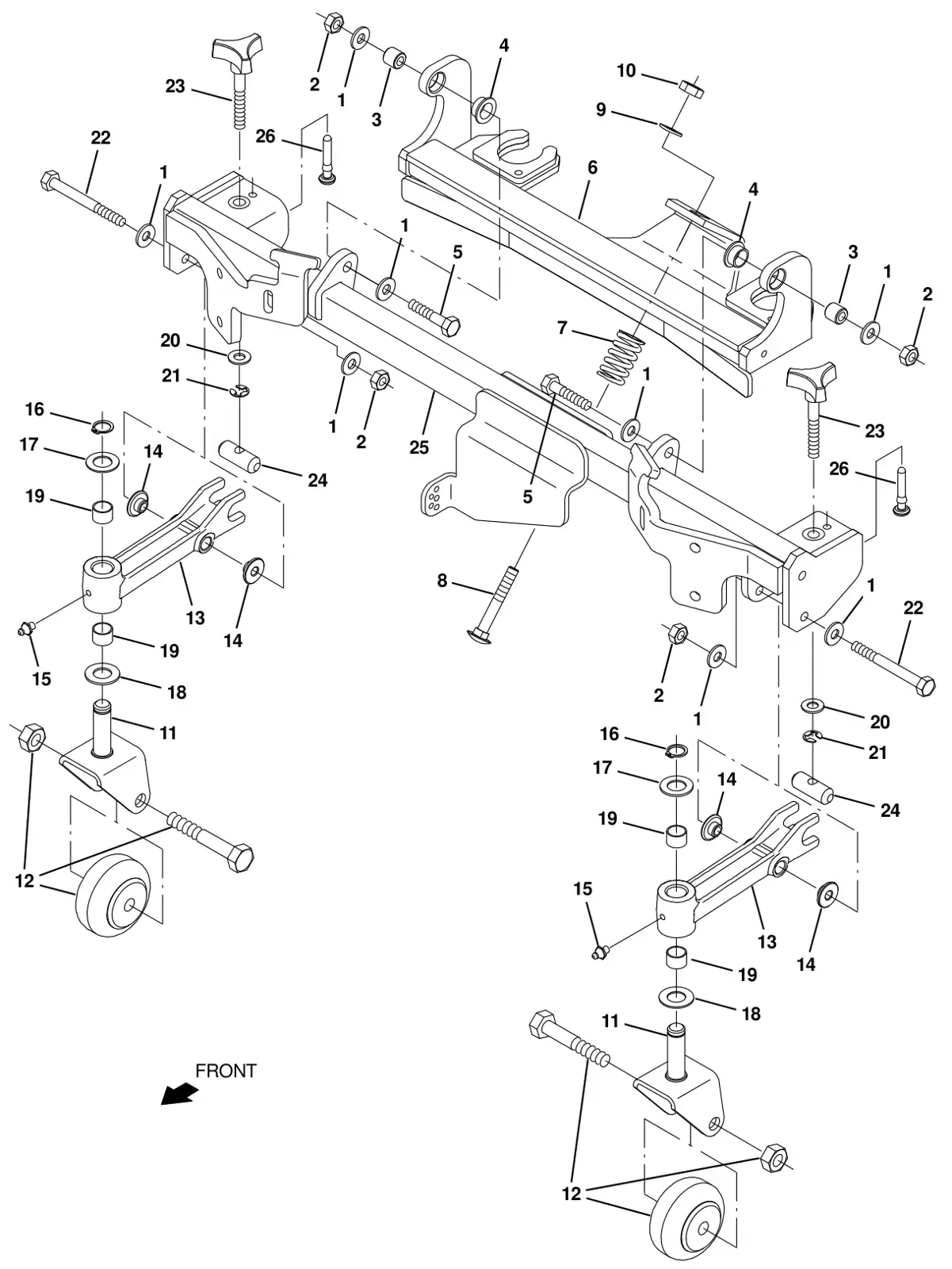 Tennant T20 Diesel squeegee linkage group, rear drawing, manual page 77