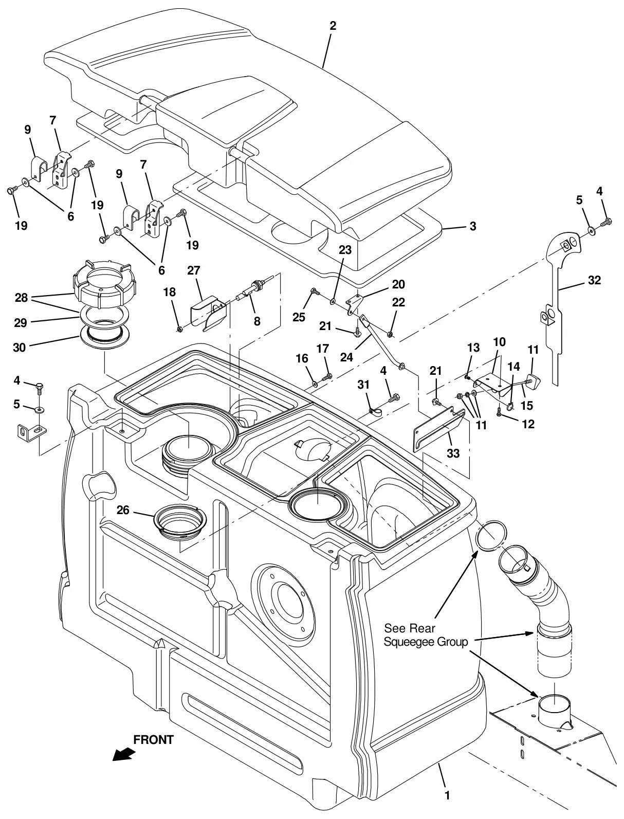 Tennant T20 Diesel recovery tank group drawing, manual page 101