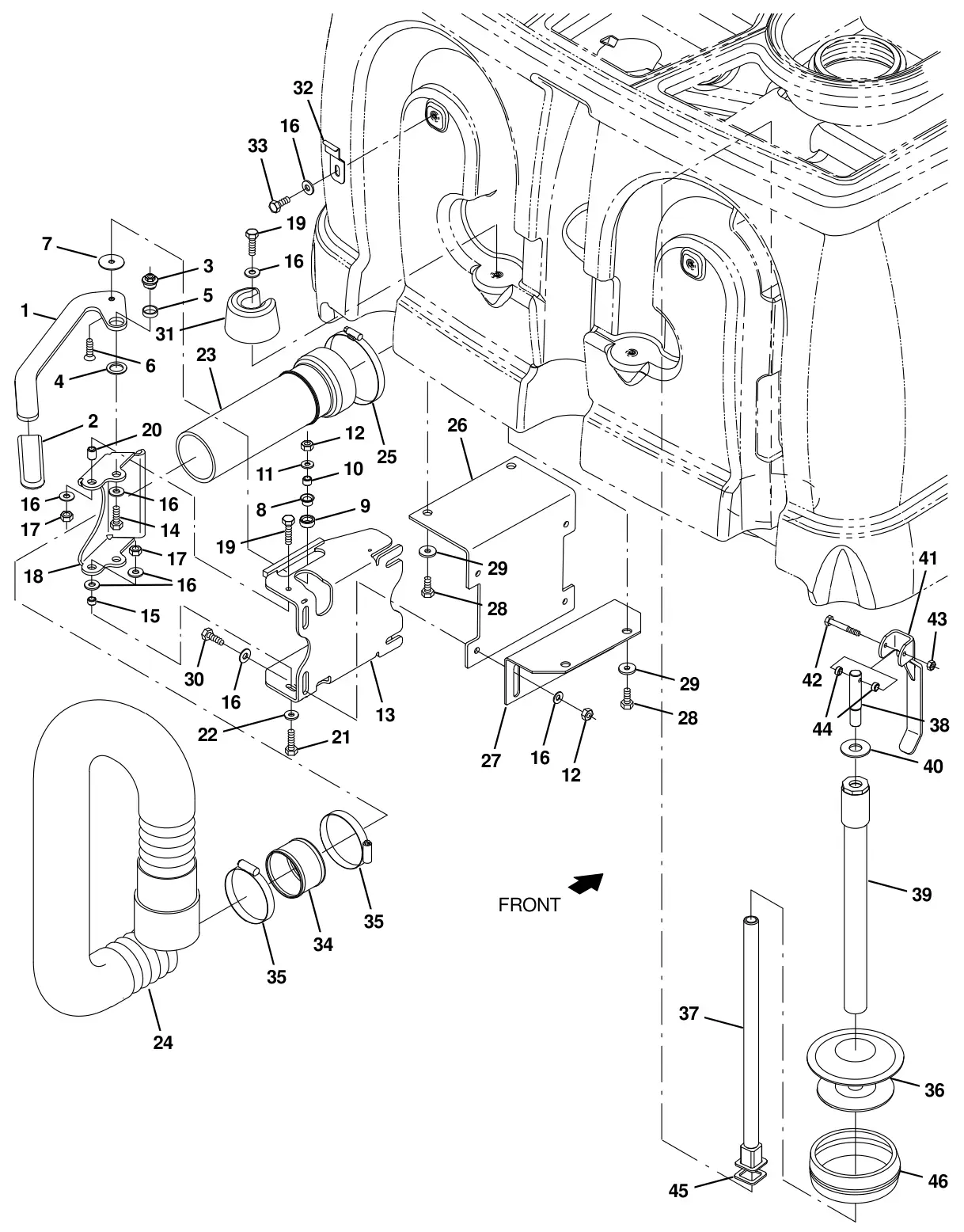 Tennant T20 Diesel recovery tank drain group drawing, manual page 103