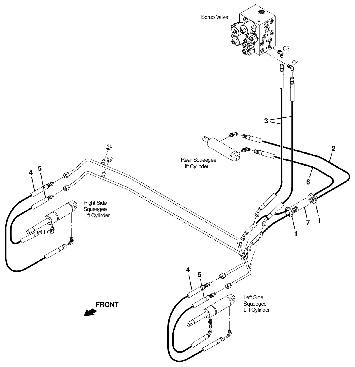 Tennant T20 Diesel hydraulic hose group, squeegee lift drawing, manual page 117