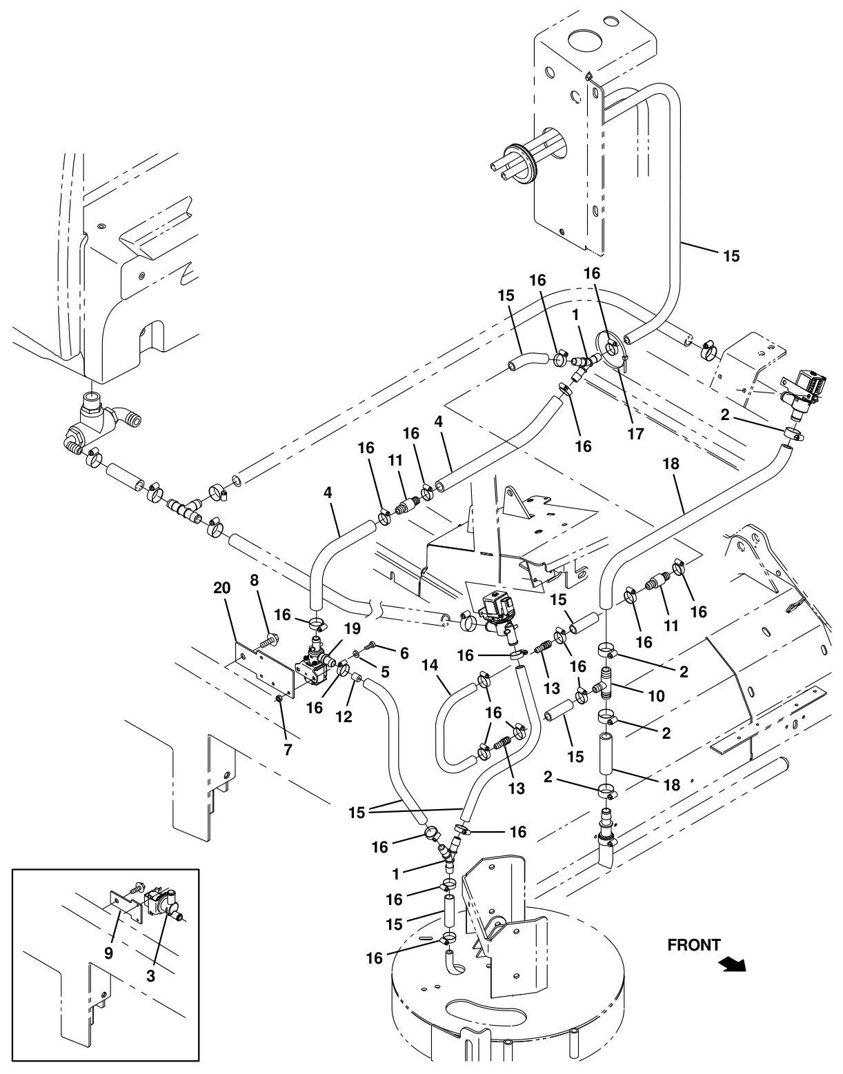 Tennant T20 Diesel ec-h2o solution supply group, cylindrical scrub head with side brush (s/n 008000 - 013000) (option) drawing, manual page 205