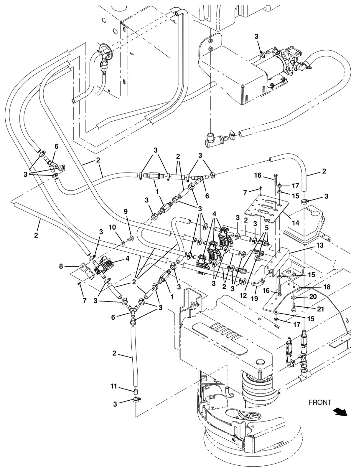 Tennant T20 Diesel ec-h2o solution supply group, cylindrical scrub head with side brush (s/n 013001 -) (option) drawing, manual page 207