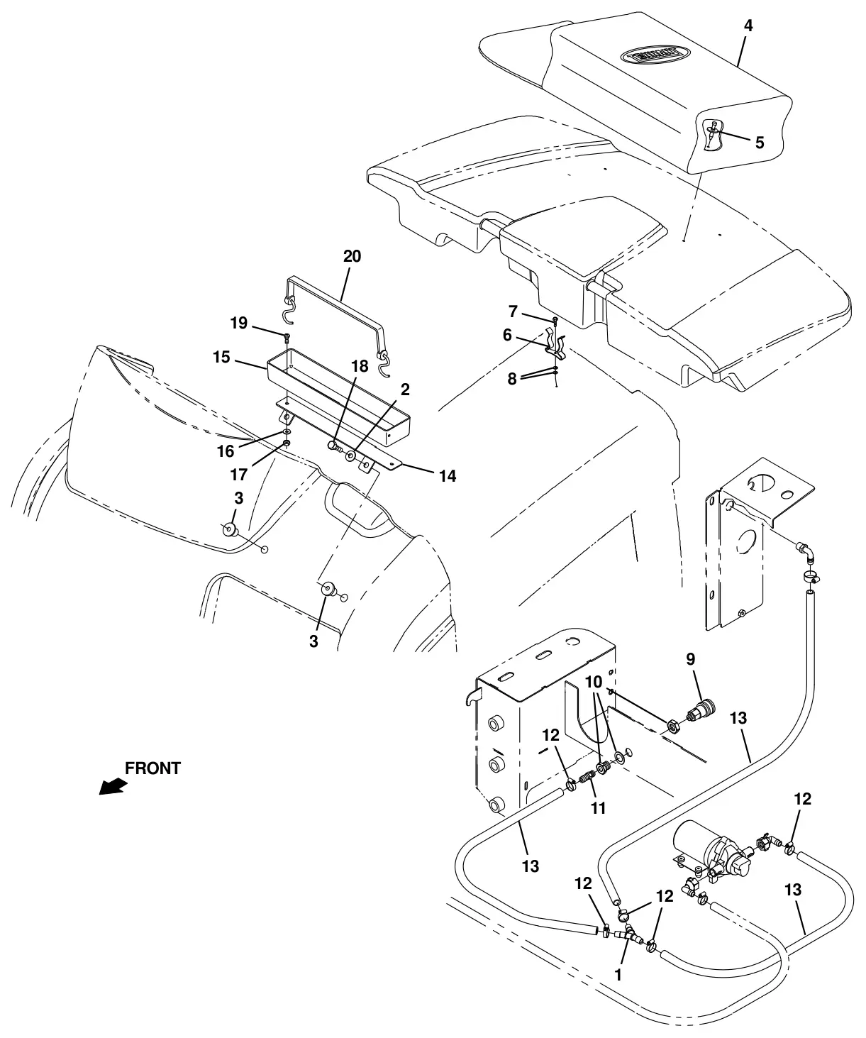 Tennant T20 Diesel power wand pump and mount group with spray nozzle (s/n 008000 - 013000) (option) drawing, manual page 243