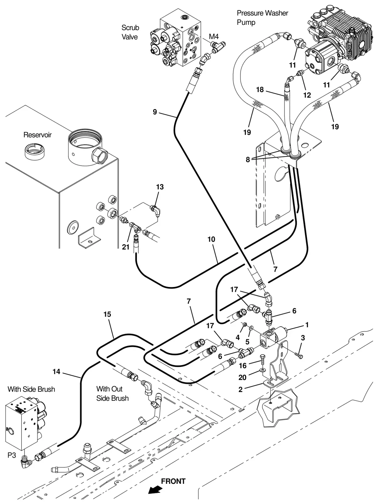 Tennant T20 Diesel pressure washer hydraulic hoses group (option) drawing, manual page 265