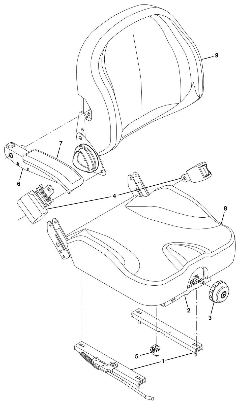 Tennant T20 Diesel seat breakdown, 9018721 (component breakdown) drawing, manual page 300