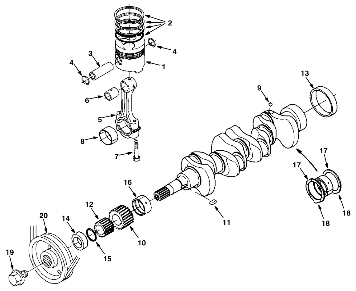 Tennant T20 Diesel piston and crankshaft group (diesel engine) drawing, manual page 322