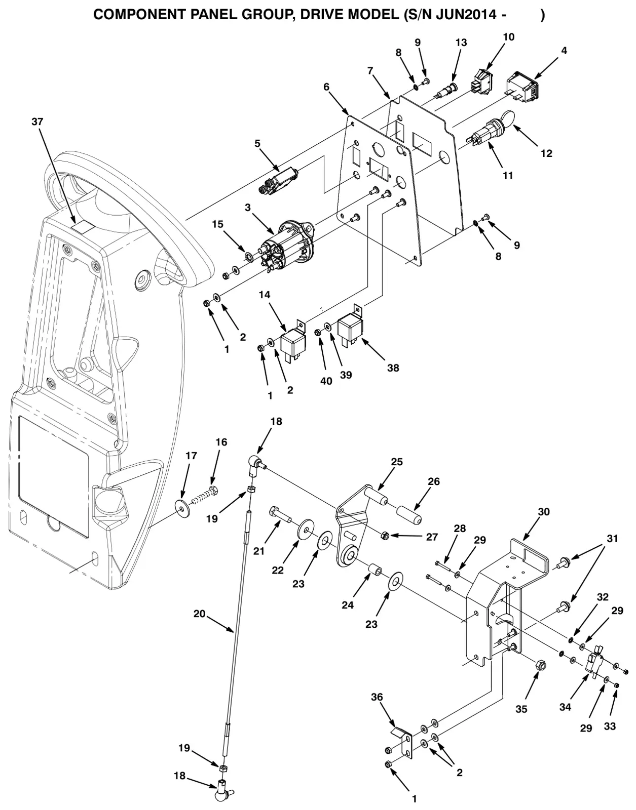 Tennant T3 Orbital component panel group, drive model (s/n jun2014 and later) drawing, manual page 18