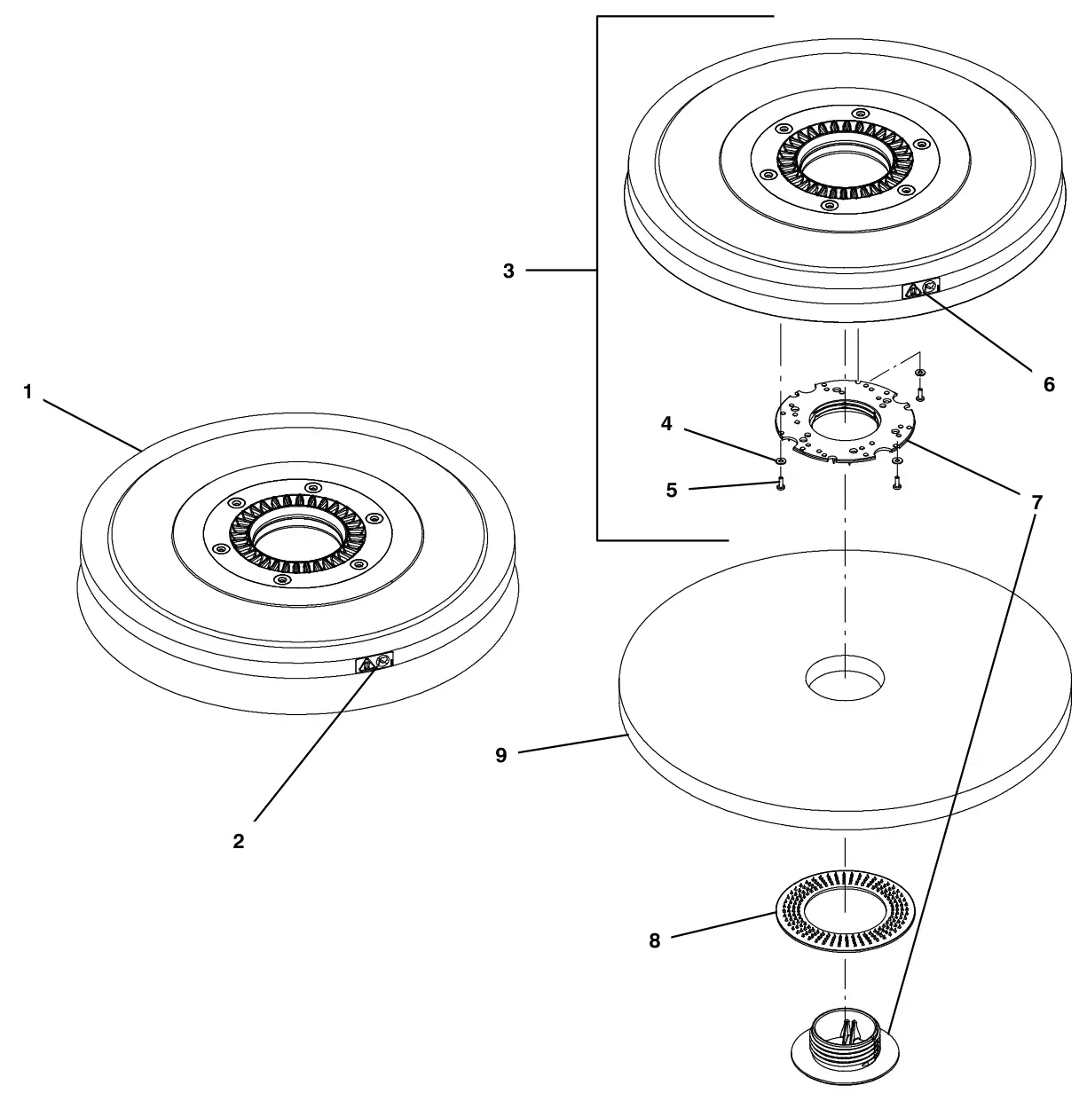 Tennant T300 brushes and pad driver group, 20 in (50 cm) disk, magnetic hub drawing, manual page 12
