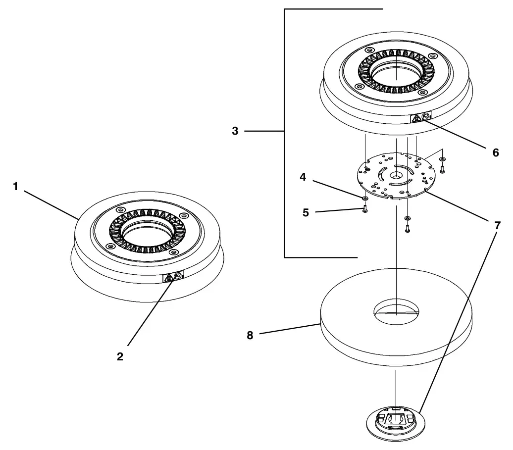 Tennant T300 brushes and pad driver group, 24 in (60 cm) dual disk, magnetic hub drawing, manual page 14