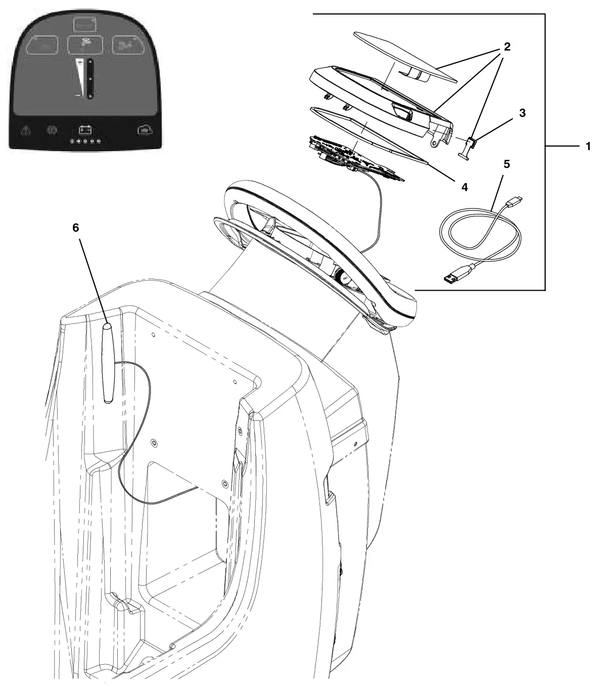 Tennant T300 console panel, membrane, propel, manual down pressure, with telemetry (s/n 11100270 and later) drawing, manual page 148