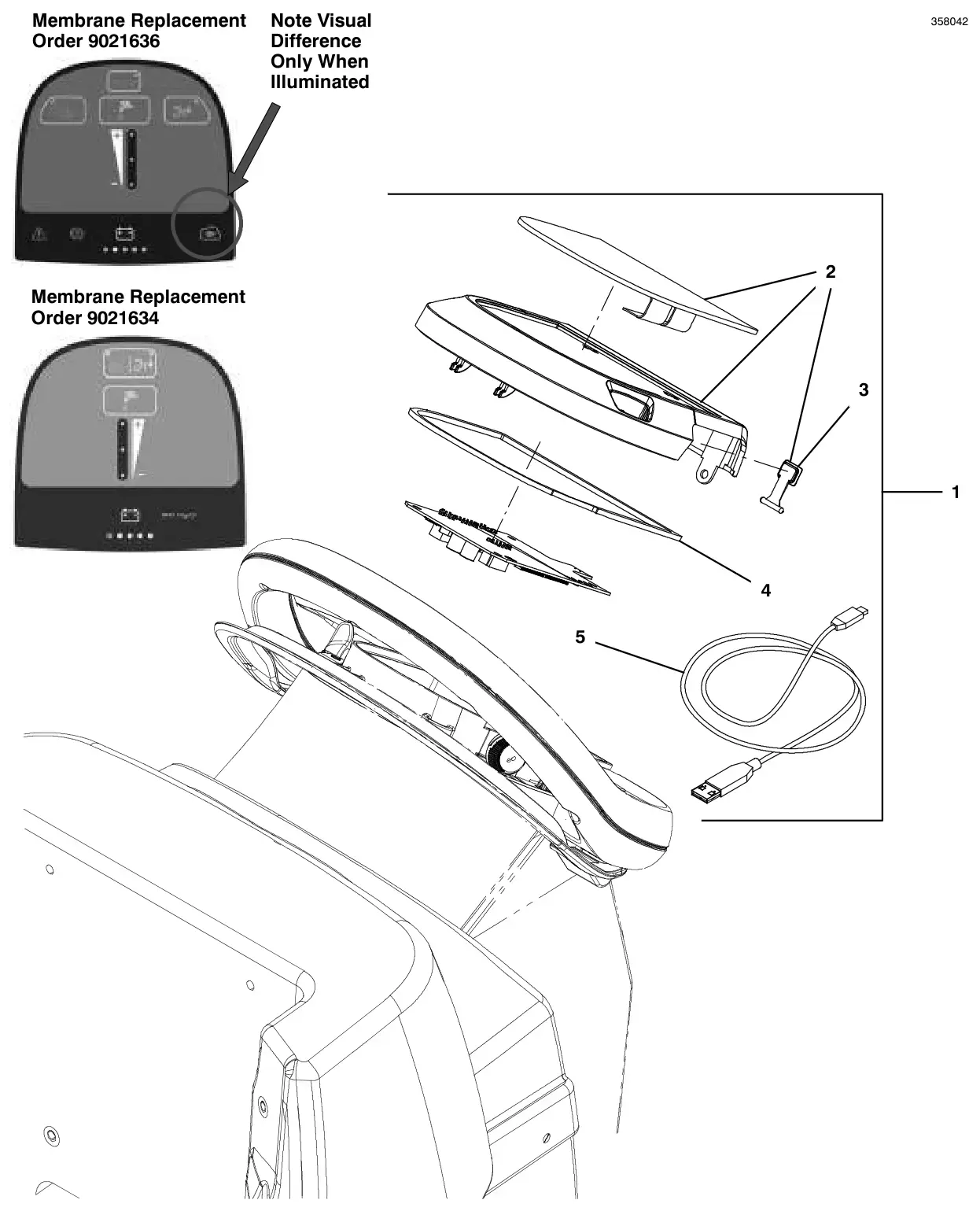 Tennant T300 console panel, membrane, propel, manual down pressure, without telemetry drawing, manual page 100