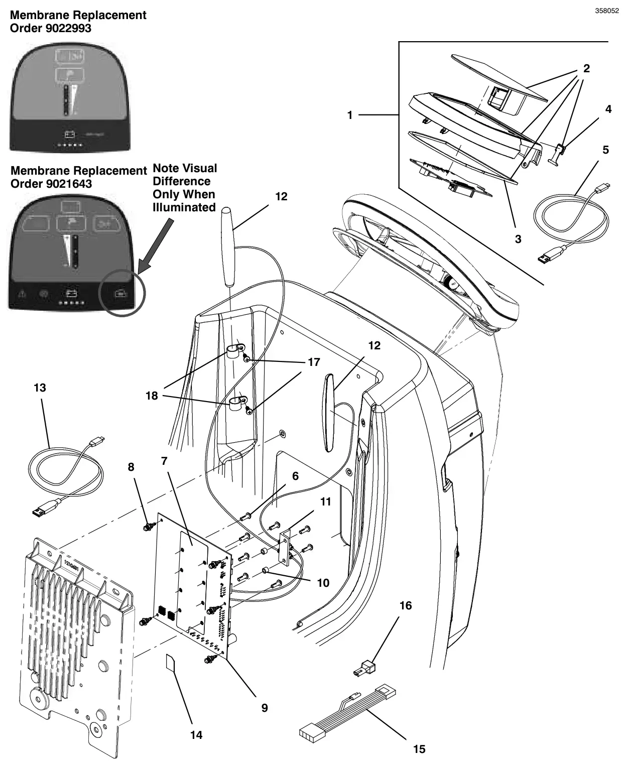 Tennant T300 console panel, membrane, push, manual down pressure, with telemetry (s/n 10000000 to 11100269) drawing, manual page 154