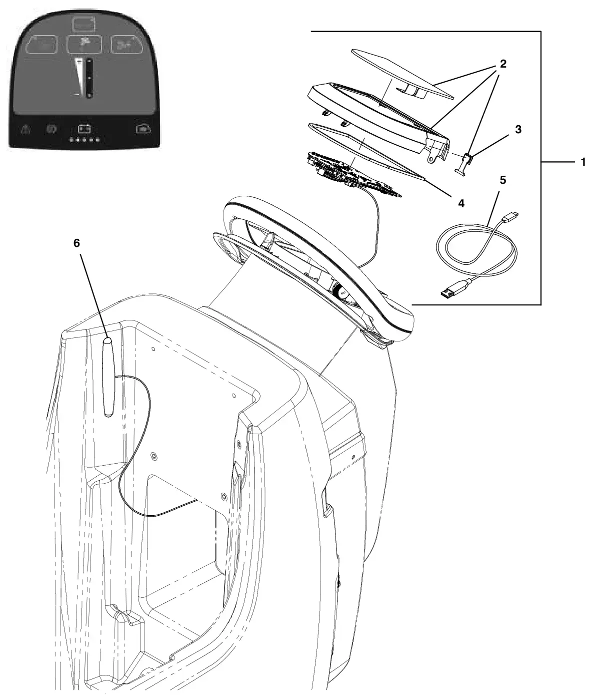 Tennant T300 console panel, membrane, push, manual down pressure, with telemetry (s/n 11100270 and later) drawing, manual page 152