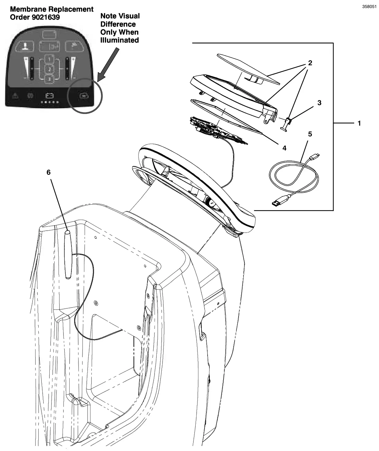 Tennant T300 console panel, pro-membrane, push, actuated down pressure, with telemetry (s/n 11100270 and later) drawing, manual page 144
