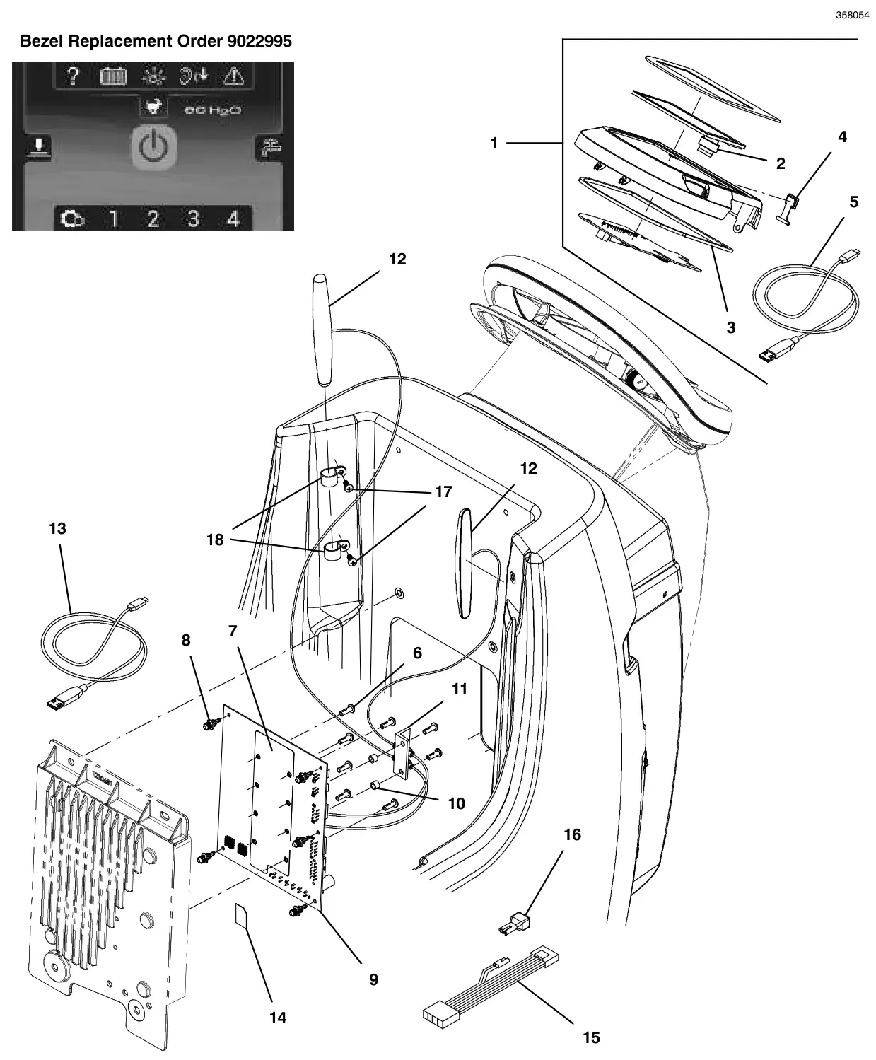 Tennant T300 console panel, pro-panel (lcd), propel, with telemetry (s/n 10000000 to 11100269) drawing, manual page 158