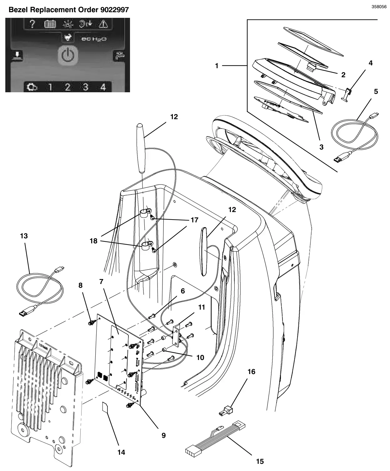 Tennant T300 console panel, pro-panel (lcd), push, with telemetry (s/n 10000000 to 11100269) drawing, manual page 162