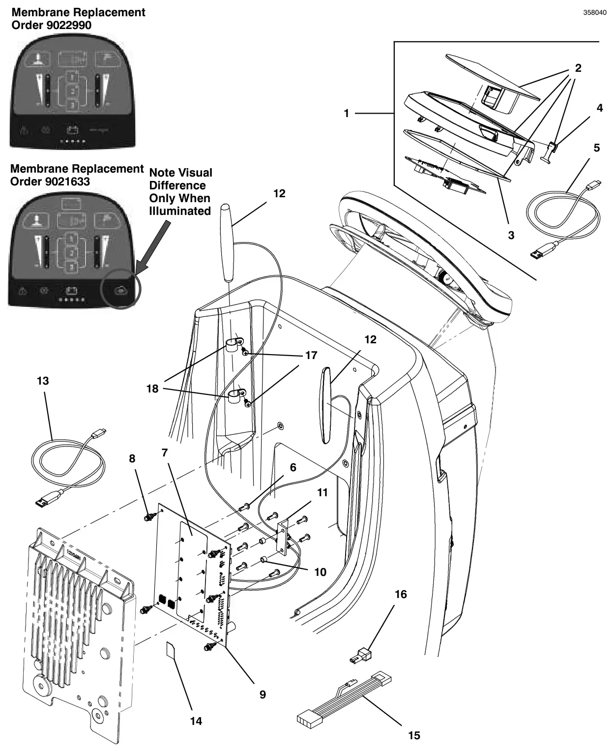 Tennant T300 console panel, t300 pro-membrane, propel, actuated down pressure, with telemetry (s/n 10000000 to 11100269) drawing, manual page 142