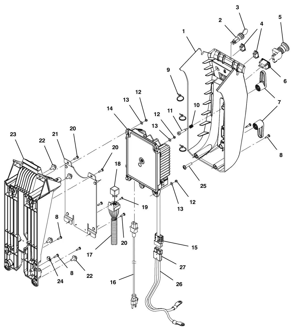 Tennant T300 lower console group, on-board charger 650 w, lithium-ion battery drawing, manual page 88