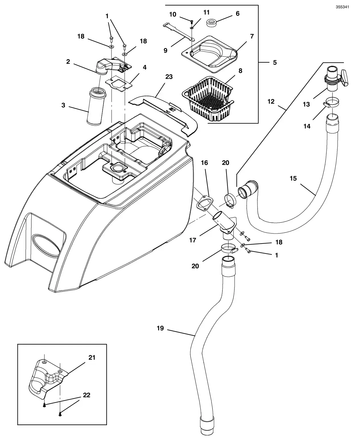 Tennant T300 recovery tank filter and hose group, control valve drawing, manual page 38