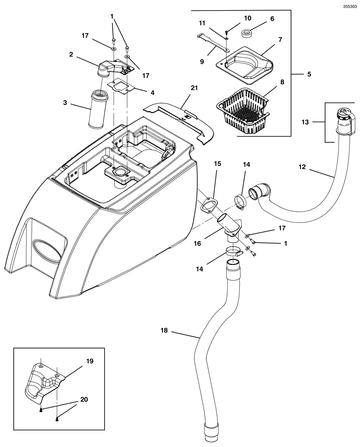 Tennant T300 recovery tank filter and hose group, standard screw cap drawing, manual page 36