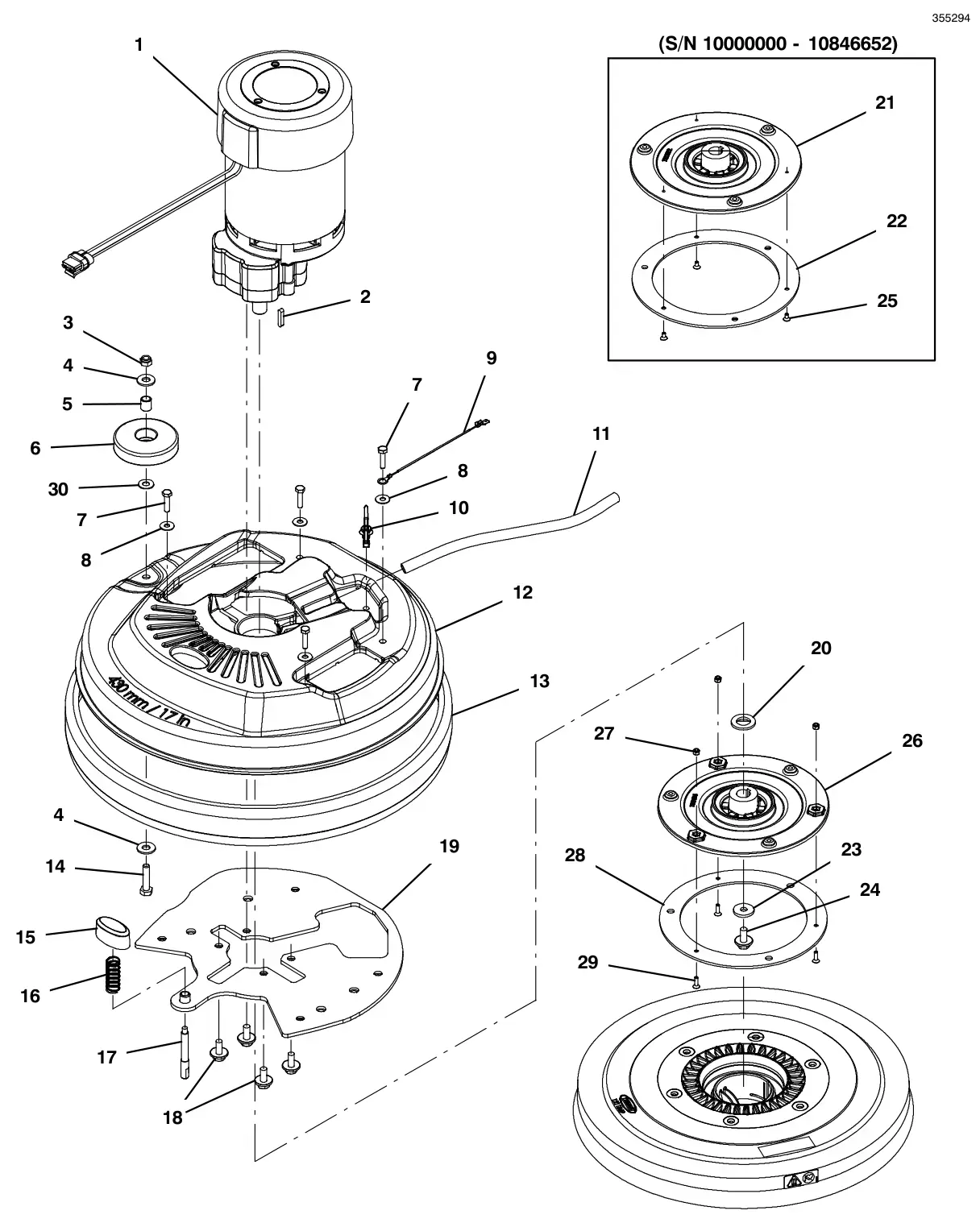 Tennant T300 scrub head group, 17 in (43 cm) disk, magnetic hub drawing, manual page 18