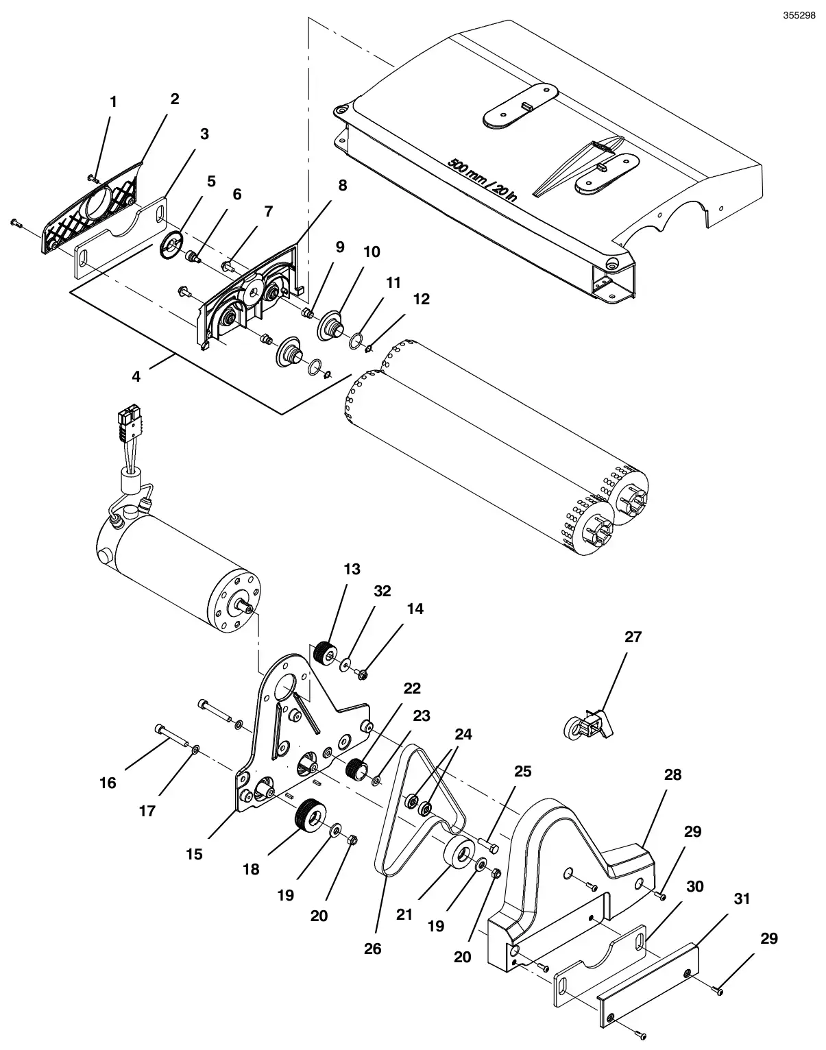 Tennant T300 scrub head group, 20 in (50 cm) cylindrical (continued) drawing, manual page 28