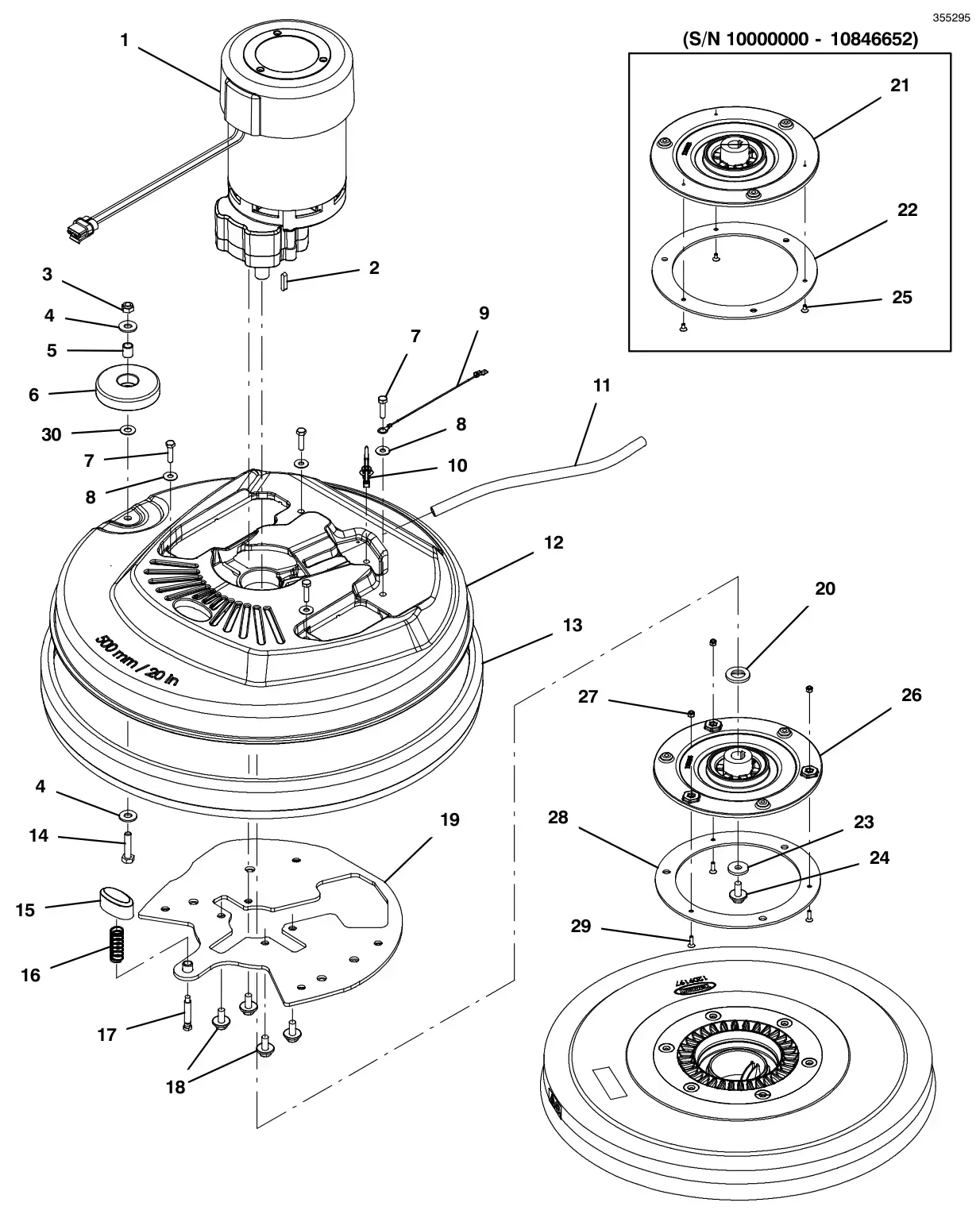 Tennant T300 scrub head group, 20 in (50 cm) disk, magnetic hub drawing, manual page 20