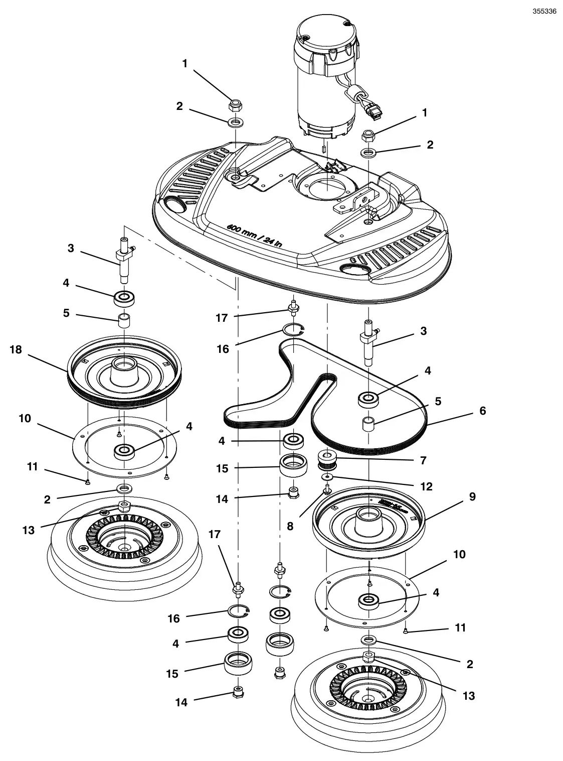 Tennant T300 scrub head group, 24 in (60 cm) dual disk, magnetic hub (continued) drawing, manual page 24