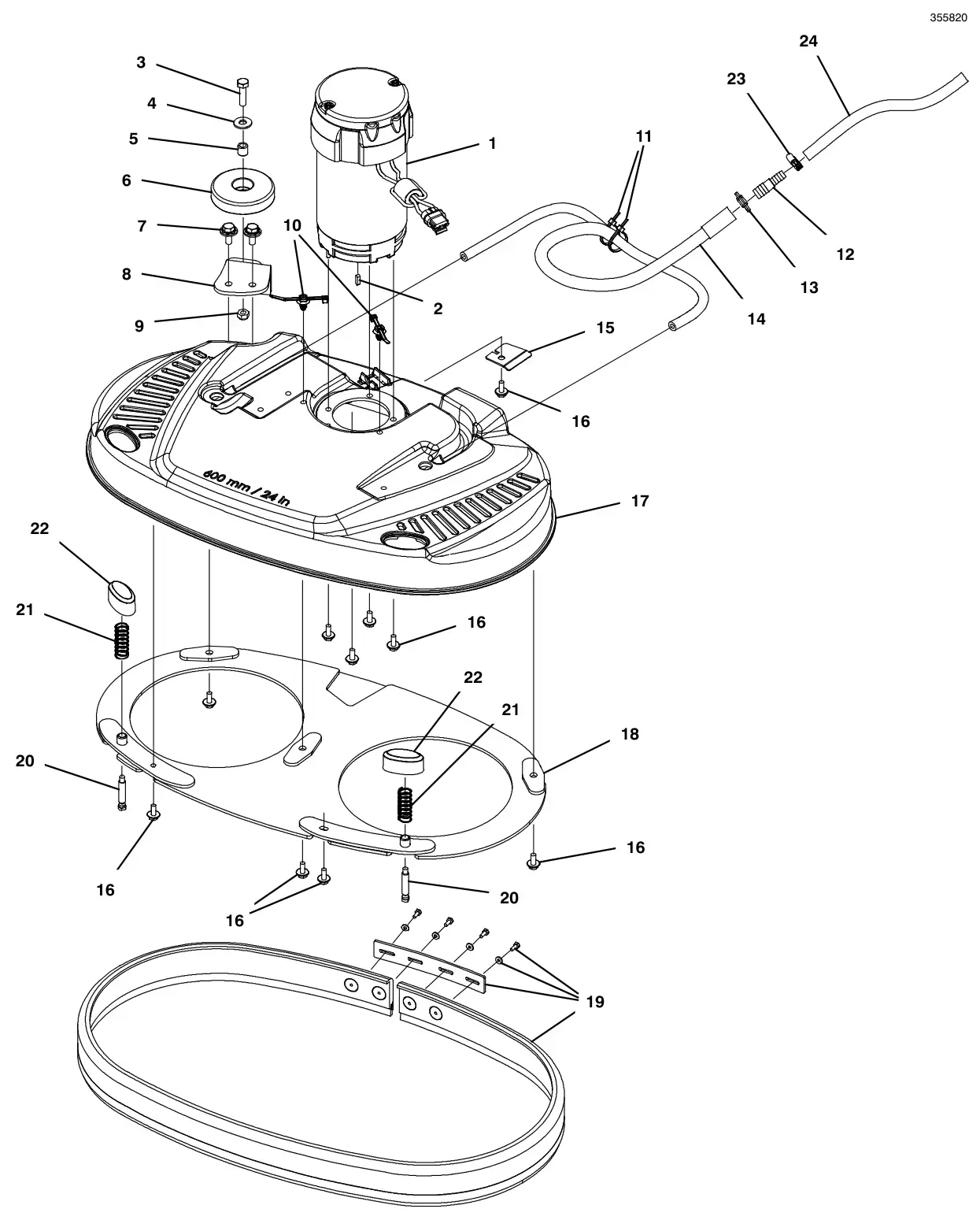 Tennant T300 scrub head group, 24 in (60 cm) dual disk, magnetic hub drawing, manual page 22
