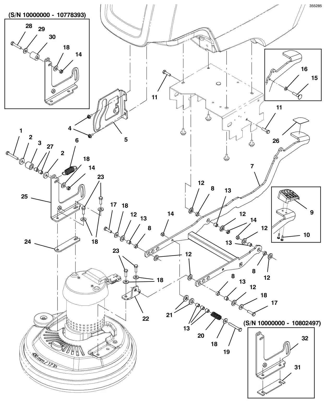 Tennant T300 scrub head lift group, 17 in (43 cm) disk model drawing, manual page 112