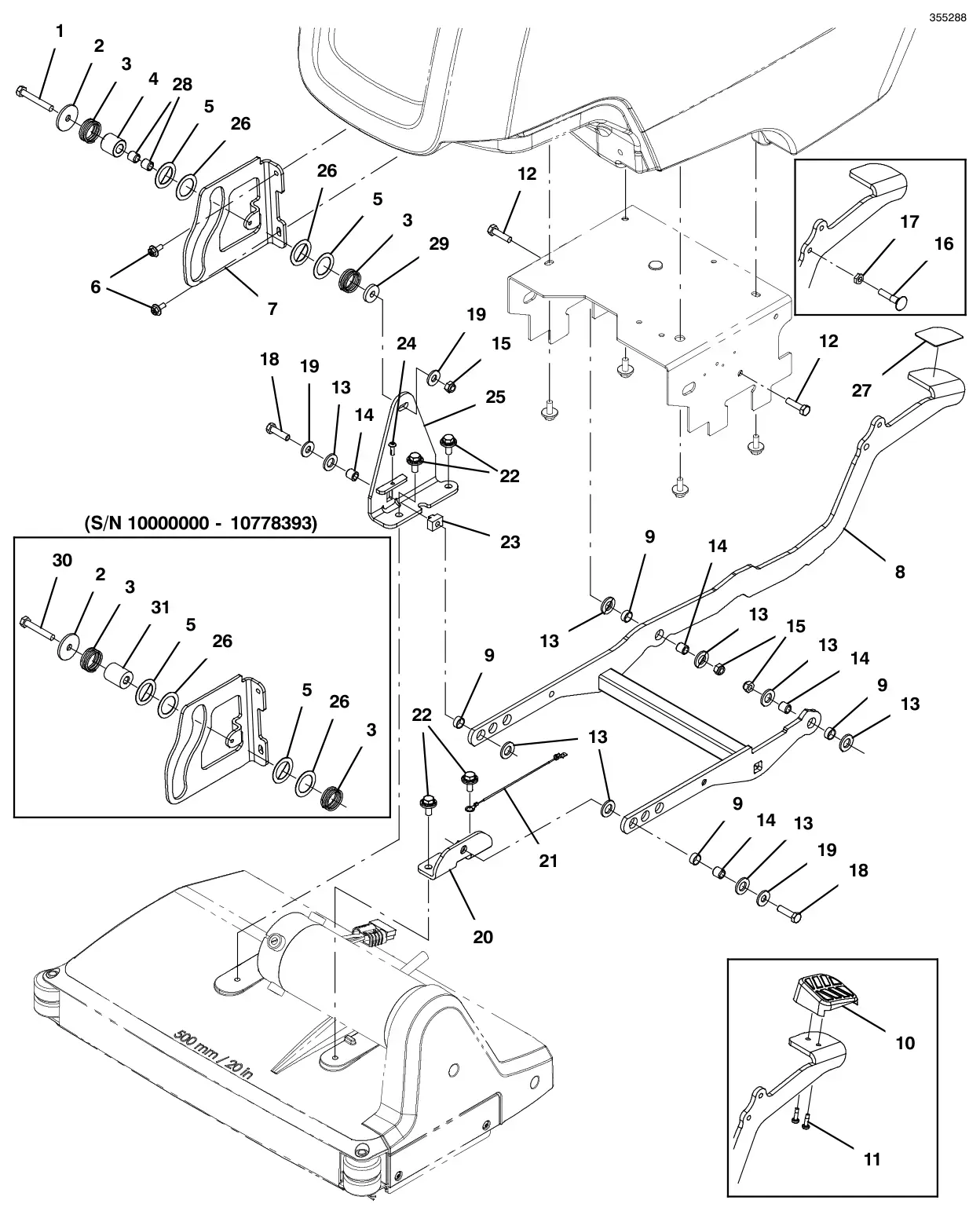 Tennant T300 scrub head lift group, 20 in (50 cm) cylindrical model drawing, manual page 118
