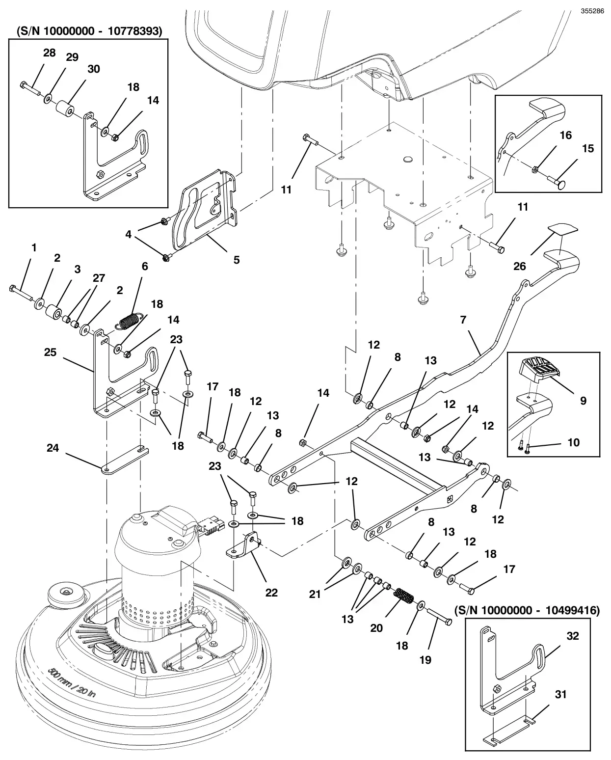 Tennant T300 scrub head lift group, 20 in (50 cm) disk model drawing, manual page 114