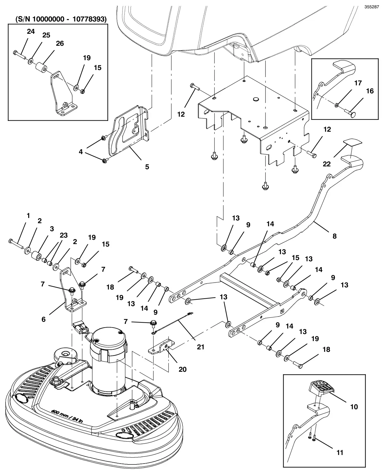Tennant T300 scrub head lift group, 24 in (60 cm) dual disk model drawing, manual page 116