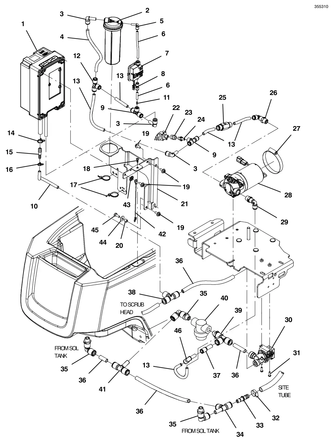 Tennant T300 solution group, standard model ec-h2o (original push quick connector style) drawing, manual page 66