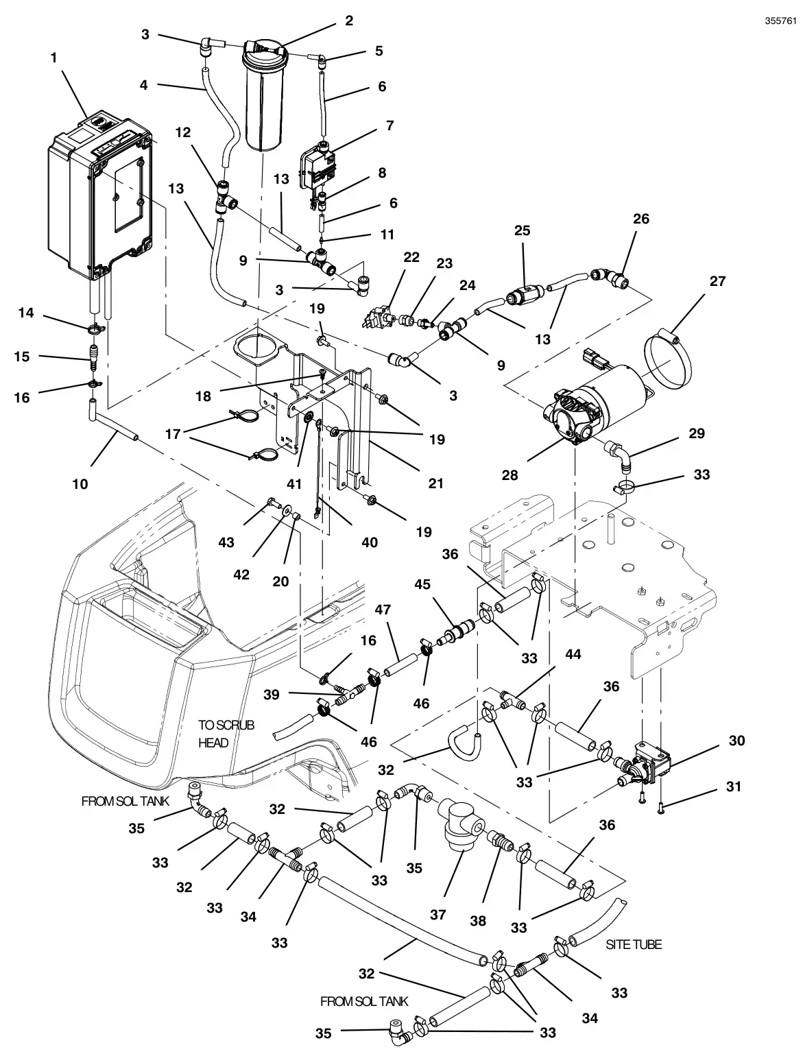 Tennant T300 solution group, standard model ec-h2o (s/n 10978370 to 11009737) (new barb connector style) drawing, manual page 64