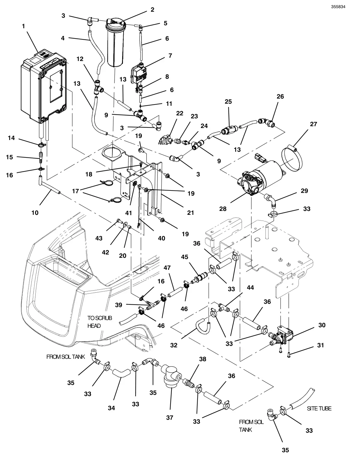Tennant T300 solution group, standard model ec-h2o (s/n 11009738 to 11056739) (new barb connector style) drawing, manual page 62