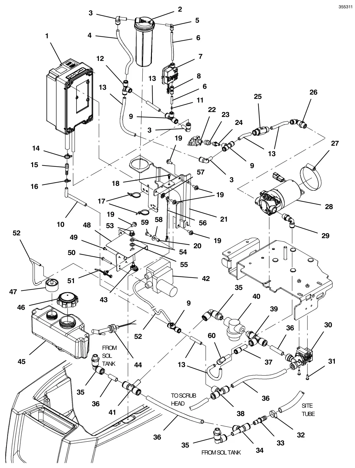 Tennant T300 solution group, standard model ec-h2o & severe environment (original push quick connector style) drawing, manual page 80