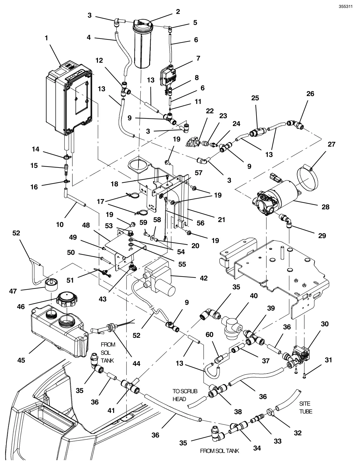 Tennant T300 solution group, standard model ec-h2o & severe environment (continued) (original push quick connector style) drawing, manual page 82