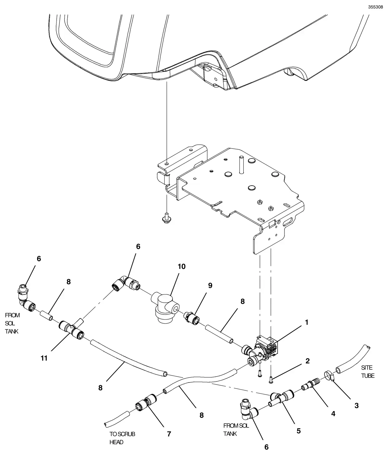 Tennant T300 solution group, standard model (original push quick connector style) drawing, manual page 56