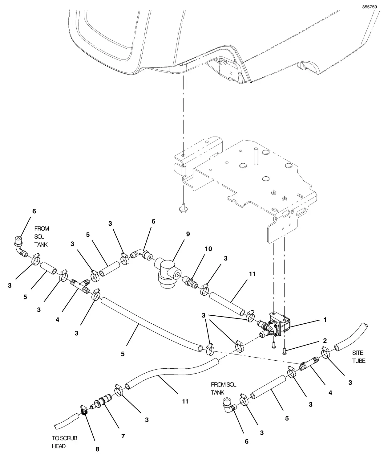 Tennant T300 solution group, standard model (s/n 10978370 to 11009737) (new barb connector style) drawing, manual page 54