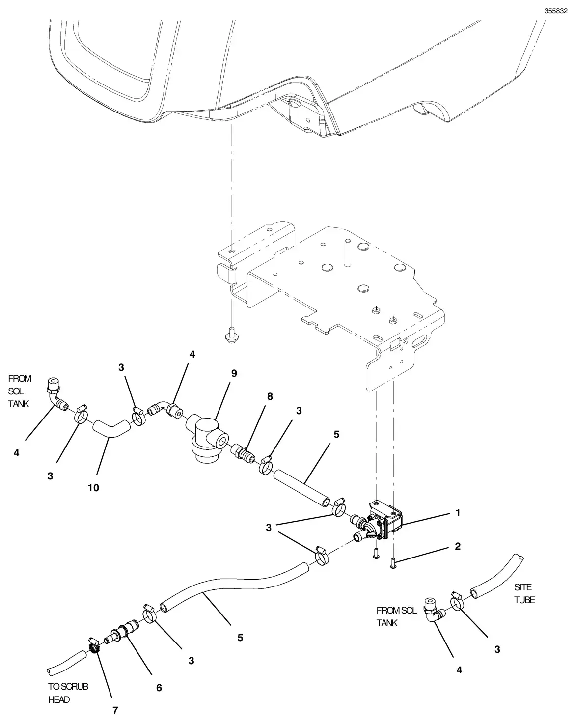 Tennant T300 solution group, standard model (s/n 11009738 to 11056739) (new barb connector style) drawing, manual page 52