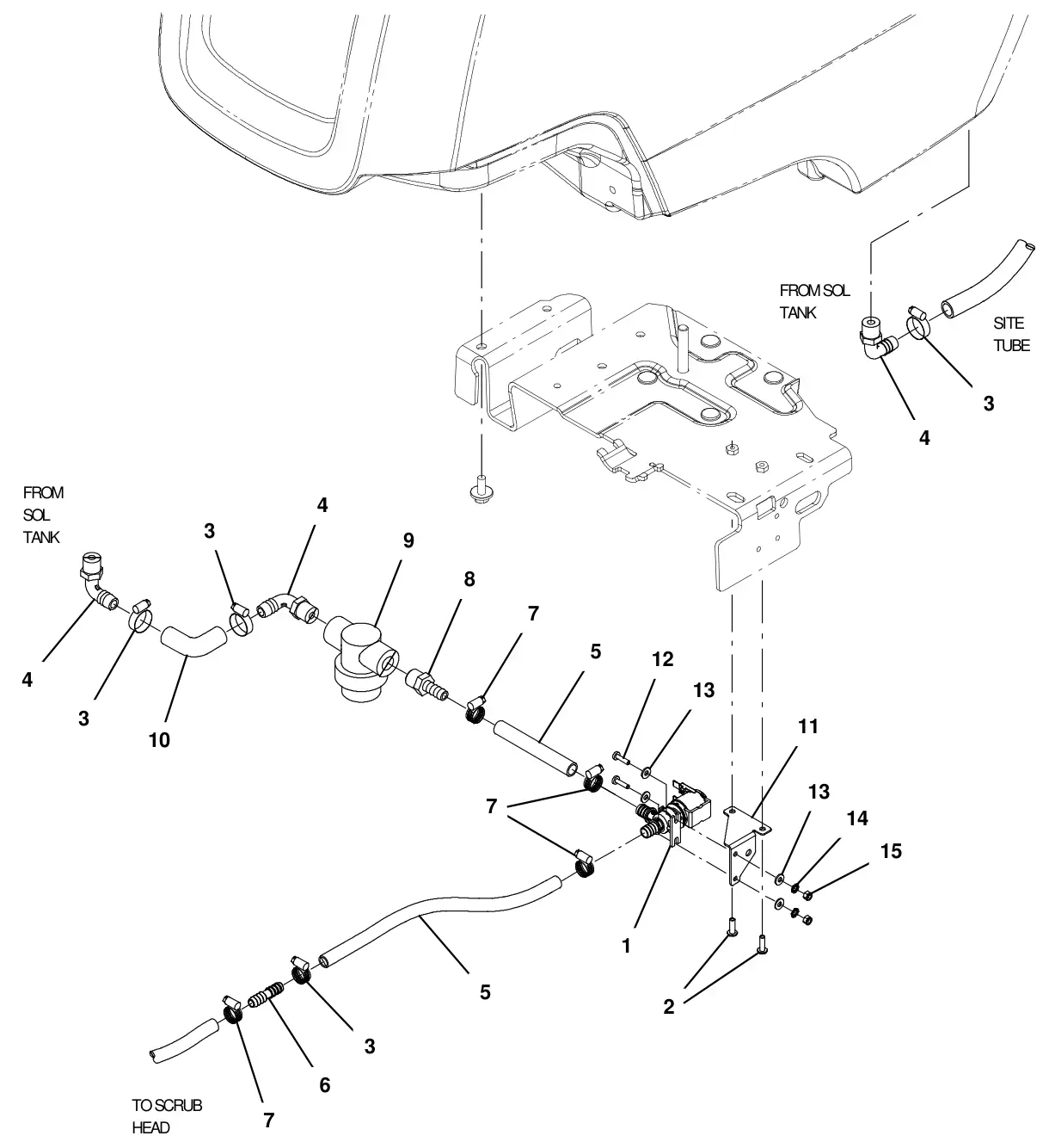 Tennant T300 solution group, standard model (s/n 11056740 and later) (new barb connector style) drawing, manual page 50